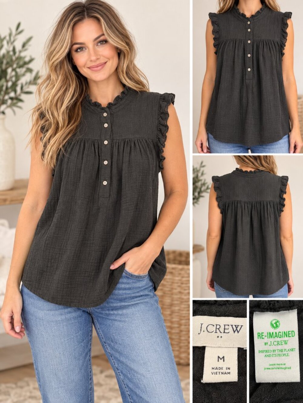 J.Crew Re-Imagined Black Cotton Ruffle Sleeveless Blouse Medium